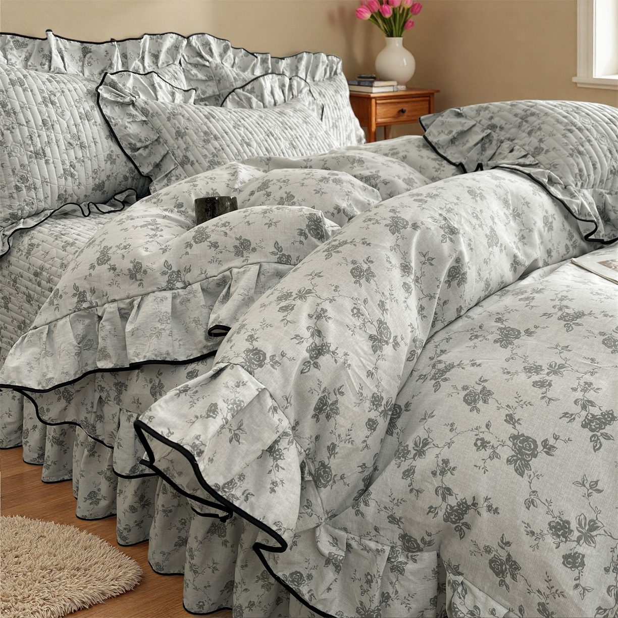 91家纺网 家纺一手货源 找家纺 宜凡家纺 2026新款全棉夹棉印花床盖款四件套 莫里