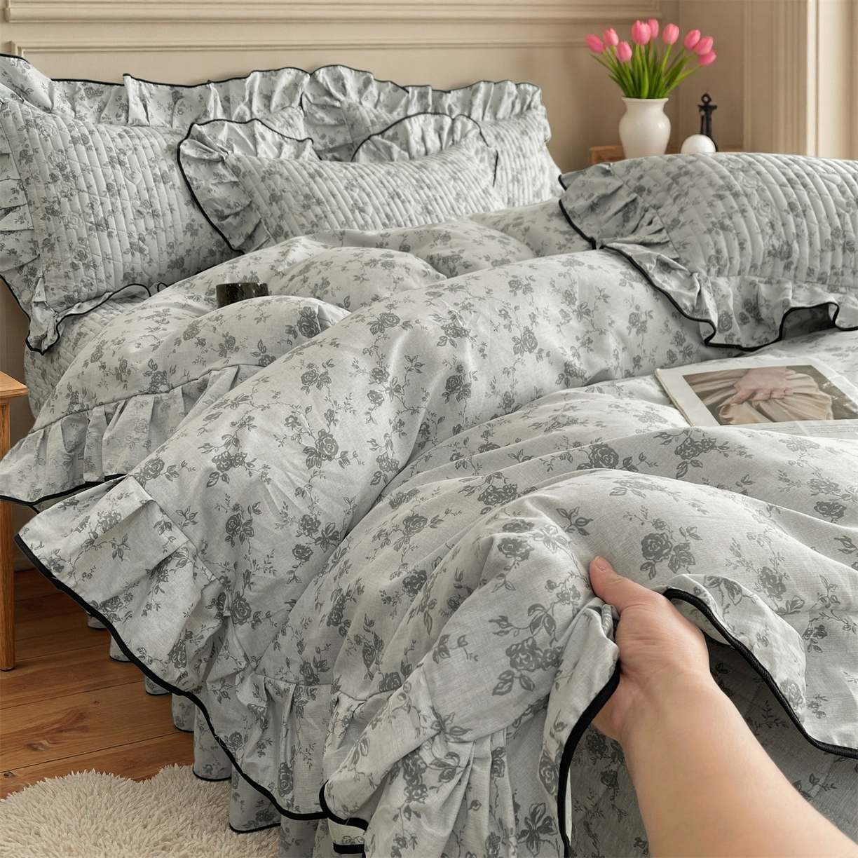 91家纺网 家纺一手货源 找家纺 宜凡家纺 2026新款全棉夹棉印花床盖款四件套 莫里