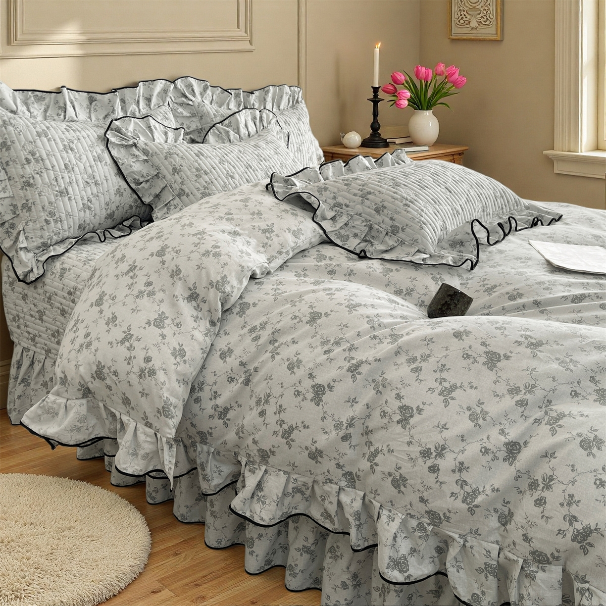 91家纺网 家纺一手货源 找家纺 宜凡家纺 2026新款全棉夹棉印花床盖款四件套 莫里