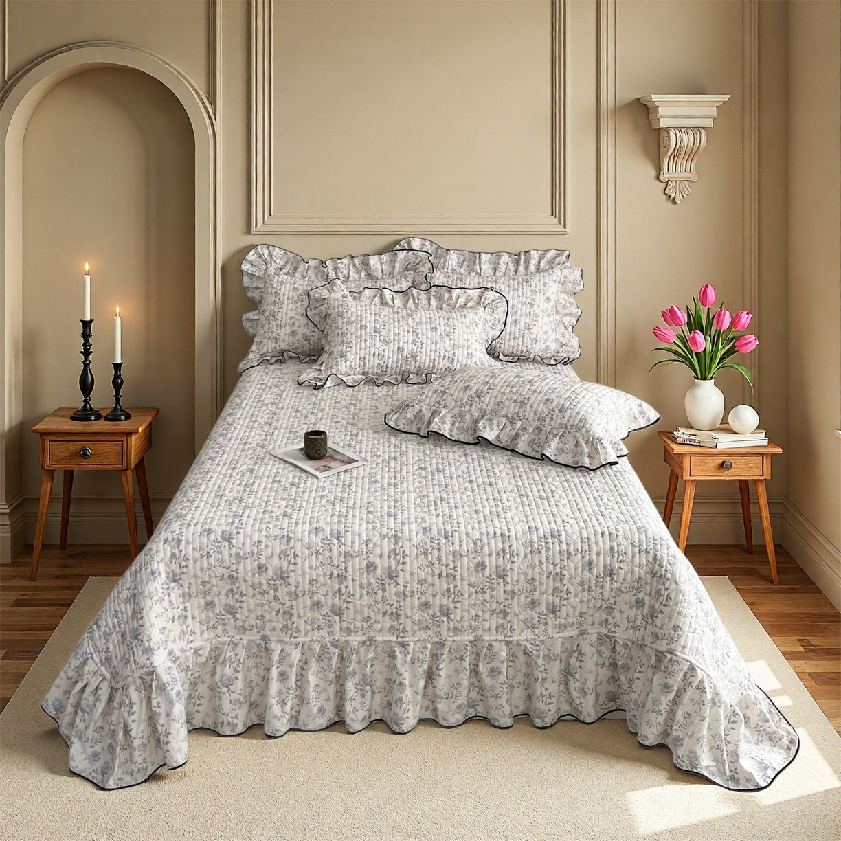 91家纺网 家纺一手货源 找家纺 宜凡家纺 2026新款全棉夹棉印花床盖款四件套 紫藤花