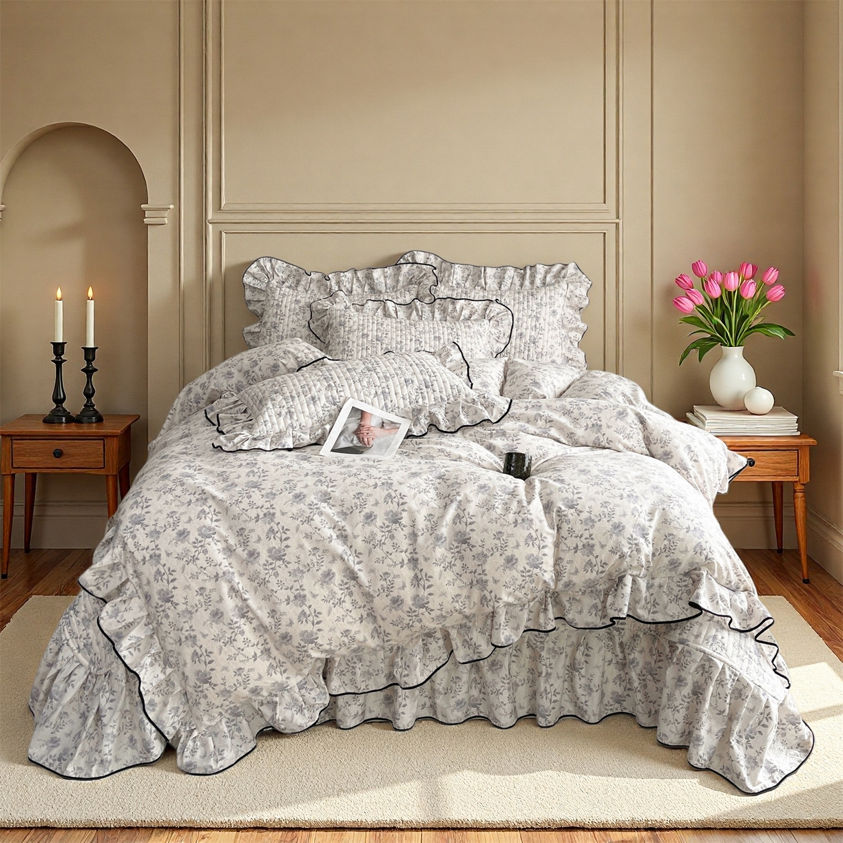 91家纺网 家纺一手货源 找家纺 宜凡家纺 2026新款全棉夹棉印花床盖款四件套 紫藤花