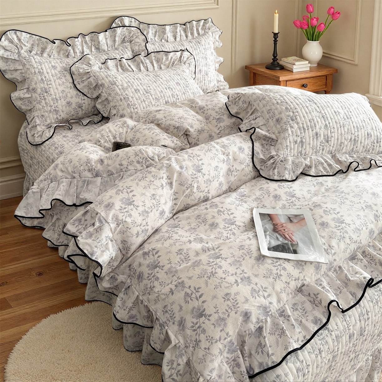 91家纺网 家纺一手货源 找家纺 宜凡家纺 2026新款全棉夹棉印花床盖款四件套 紫藤花