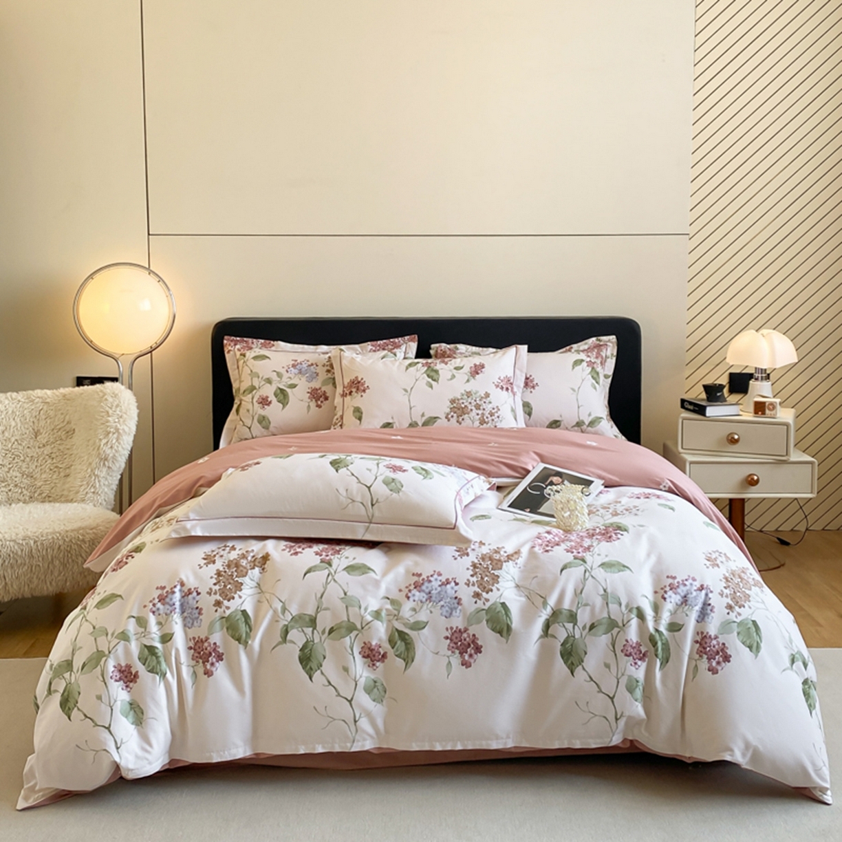 91家纺网 家纺一手货源 找家纺 格里芬家纺 2026新款全棉纯棉40S精梳棉13376印花四件套 南枝-粉