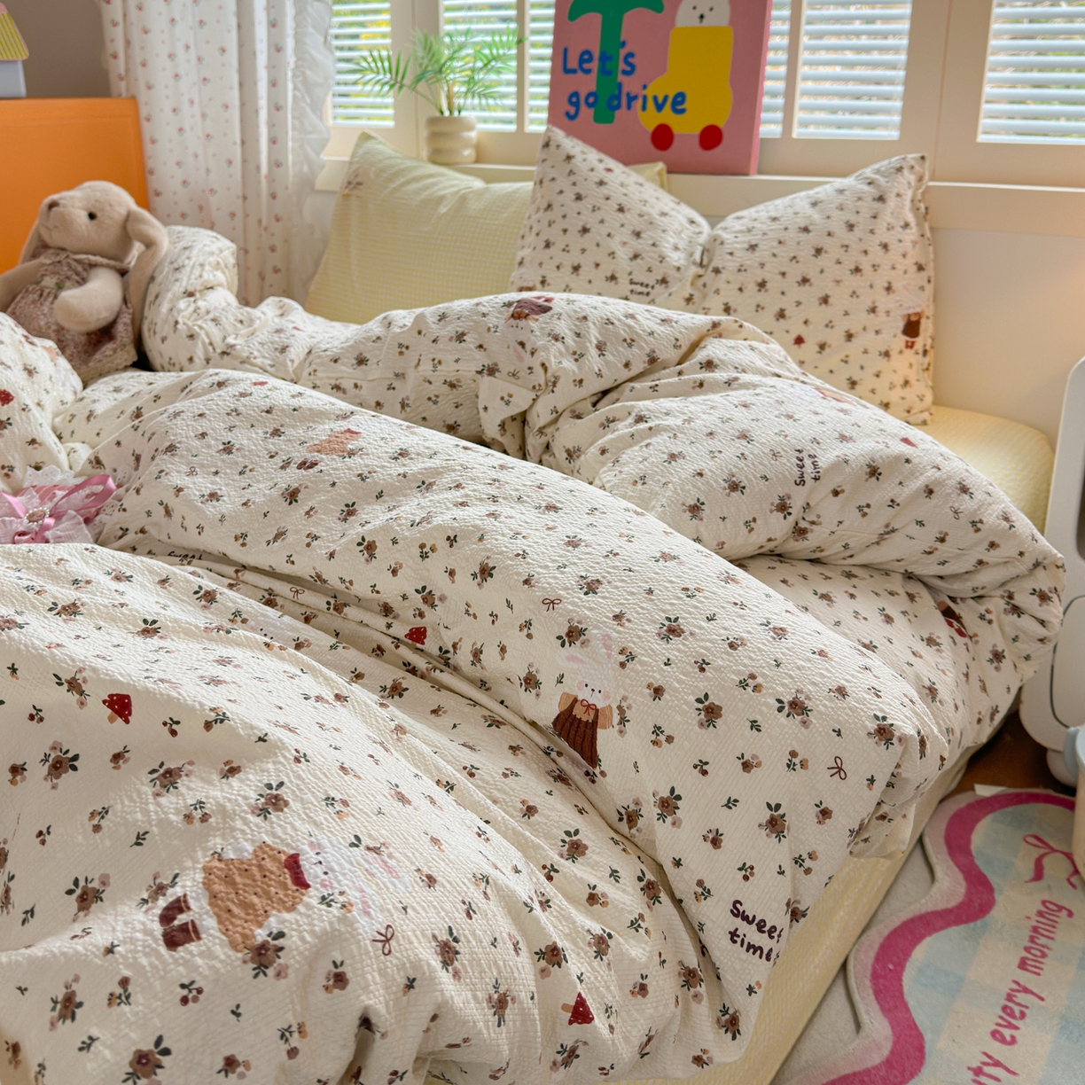 奈颜 2026新款贴标款A类超柔泡芙纱印花四件套 花园小兔