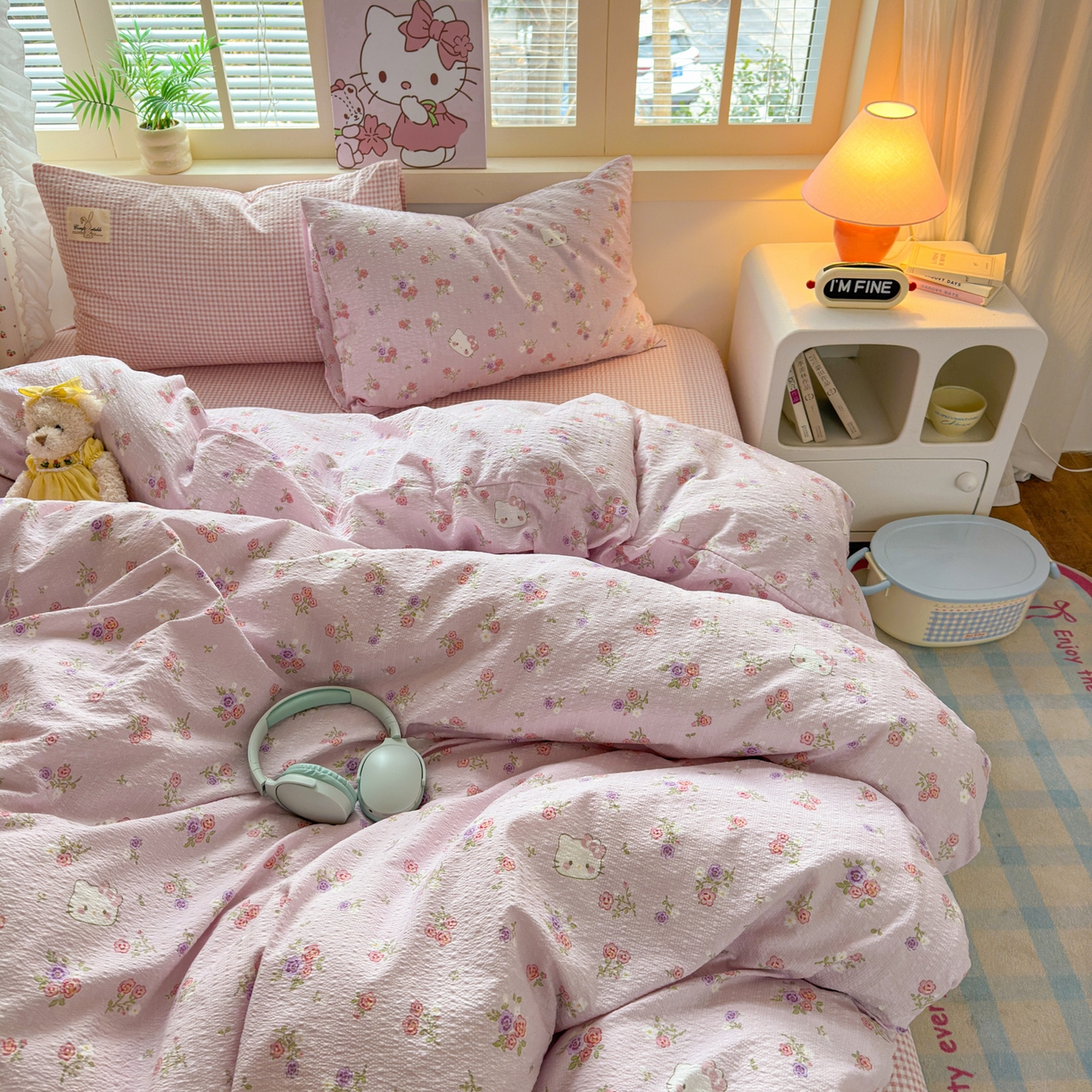 91家纺网 家纺一手货源 找家纺 奈颜 2026新款贴标款A类超柔泡芙纱印花四件套 猫团粉