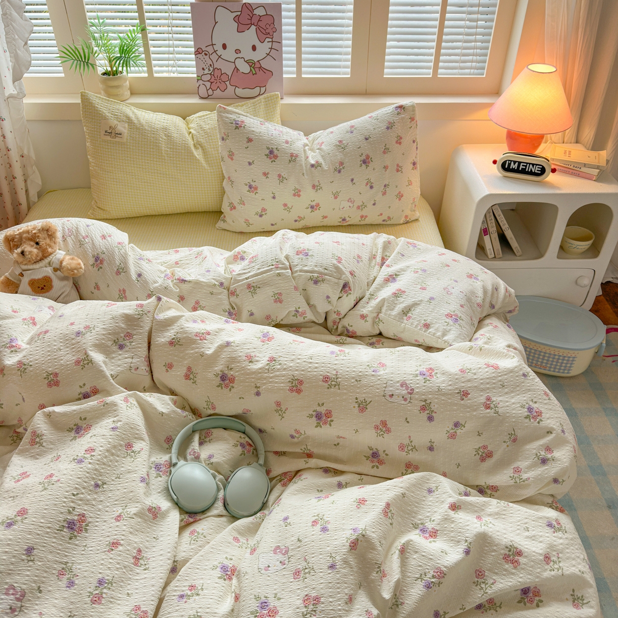 91家纺网 家纺一手货源 找家纺 奈颜 2026新款贴标款A类超柔泡芙纱印花四件套 猫团奶黄