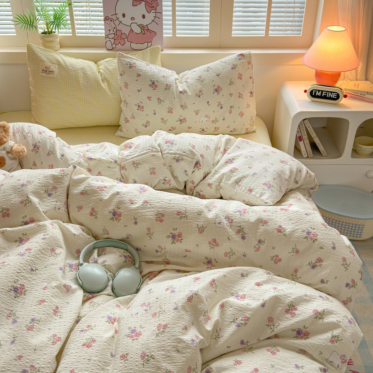 91家纺网 家纺一手货源 找家纺 奈颜 2026新款贴标款A类超柔泡芙纱印花四件套 猫团奶黄