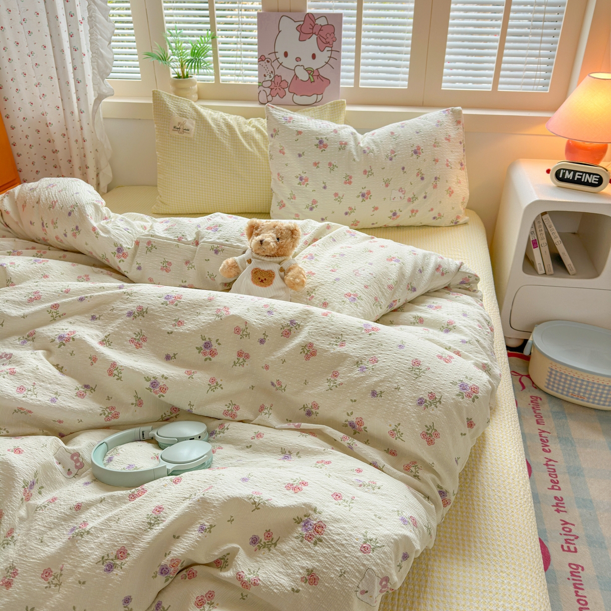 91家纺网 家纺一手货源 找家纺 奈颜 2026新款贴标款A类超柔泡芙纱印花四件套 猫团奶黄