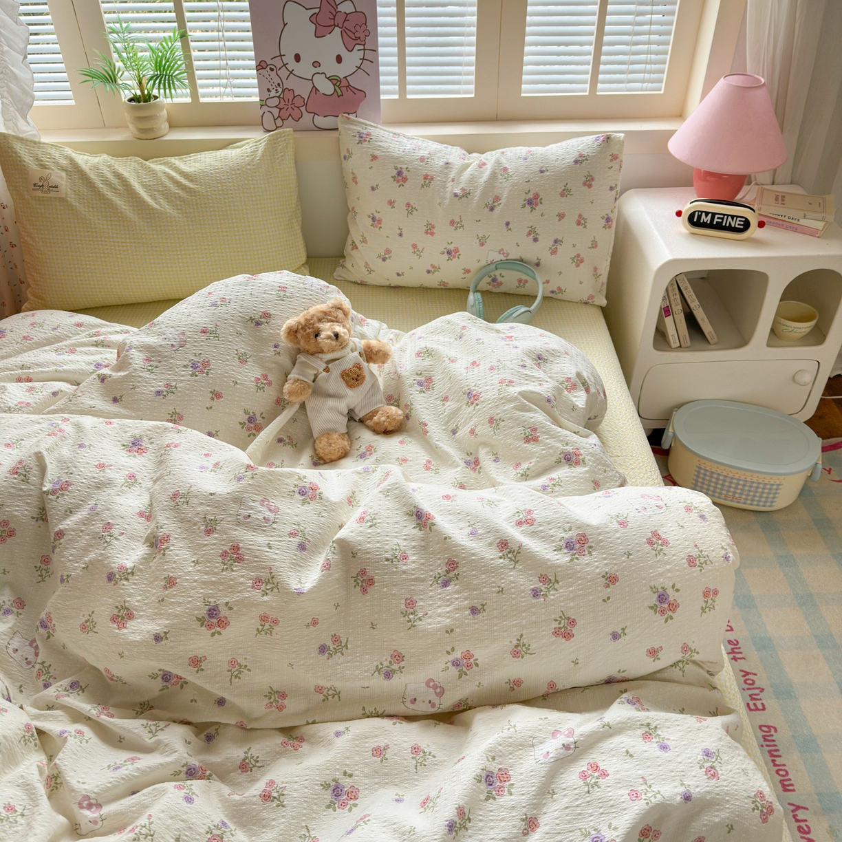 91家纺网 家纺一手货源 找家纺 奈颜 2026新款贴标款A类超柔泡芙纱印花四件套 猫团奶黄