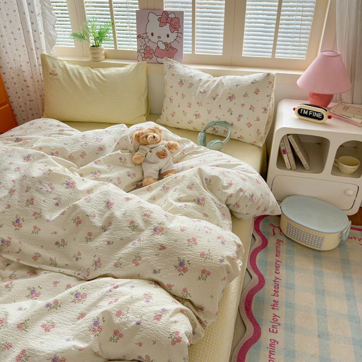 91家纺网 家纺一手货源 找家纺 奈颜 2026新款贴标款A类超柔泡芙纱印花四件套 猫团奶黄