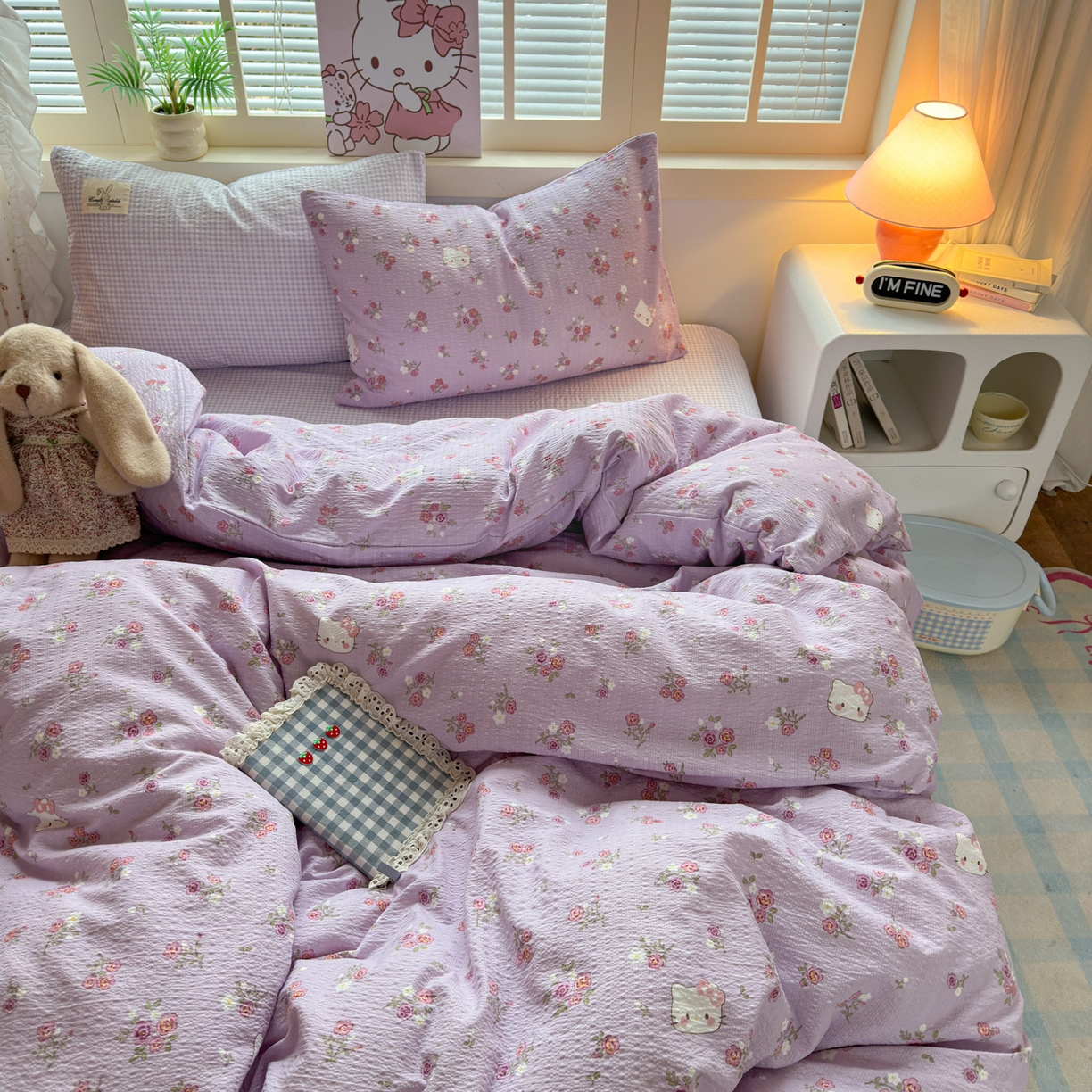 91家纺网 家纺一手货源 找家纺 奈颜 2026新款贴标款A类超柔泡芙纱印花四件套 猫团浅紫