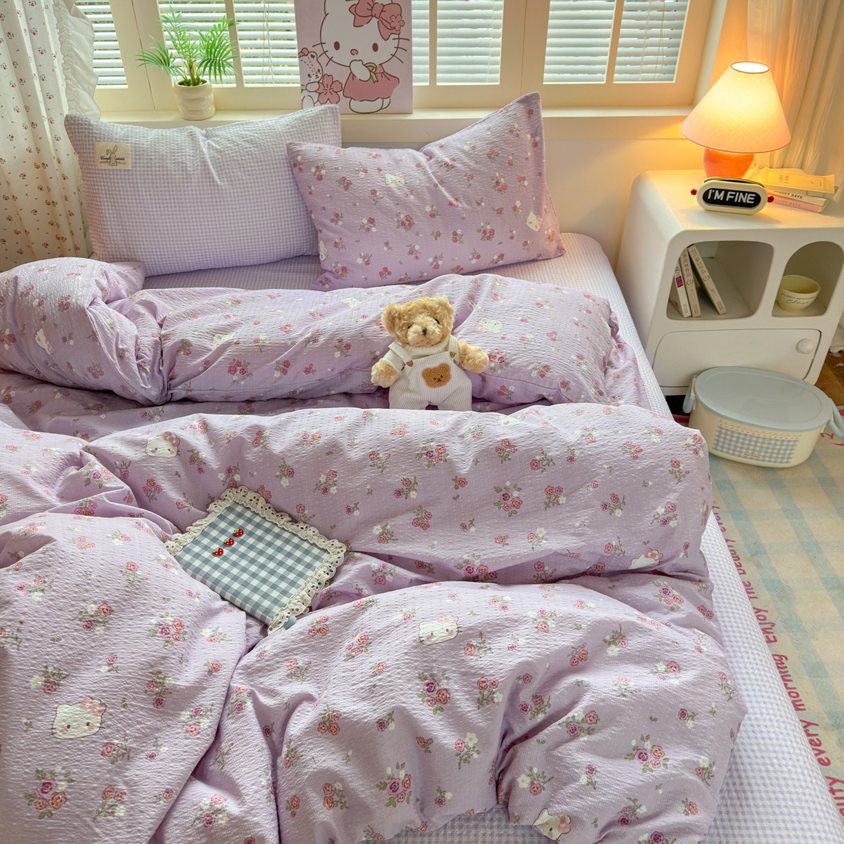 91家纺网 家纺一手货源 找家纺 奈颜 2026新款贴标款A类超柔泡芙纱印花四件套 猫团浅紫