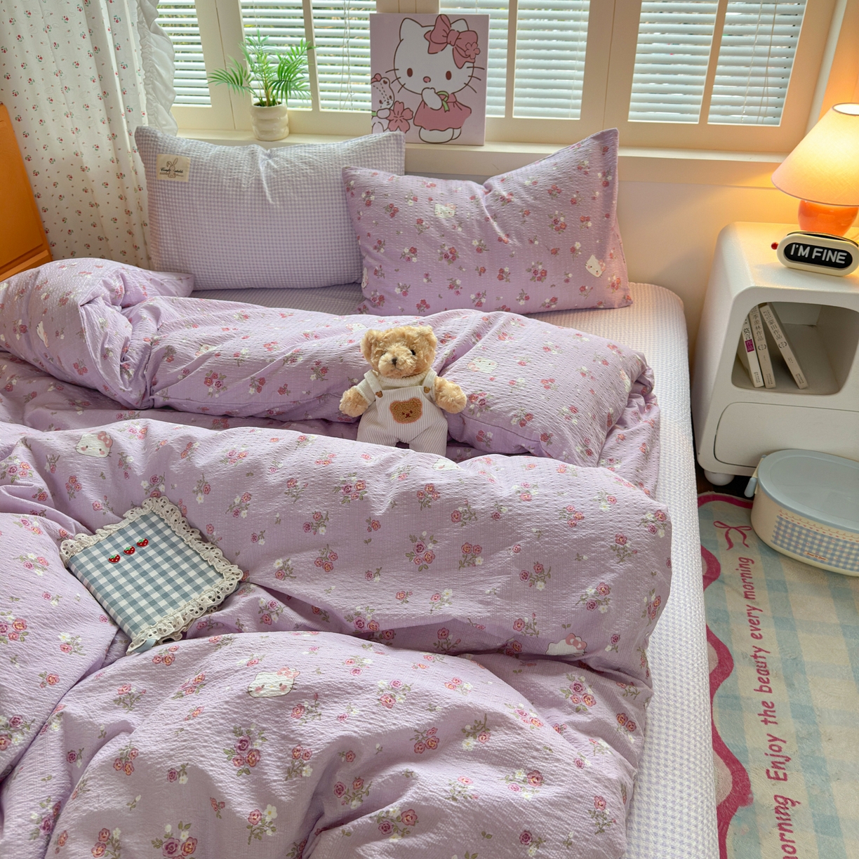 91家纺网 家纺一手货源 找家纺 奈颜 2026新款贴标款A类超柔泡芙纱印花四件套 猫团浅紫