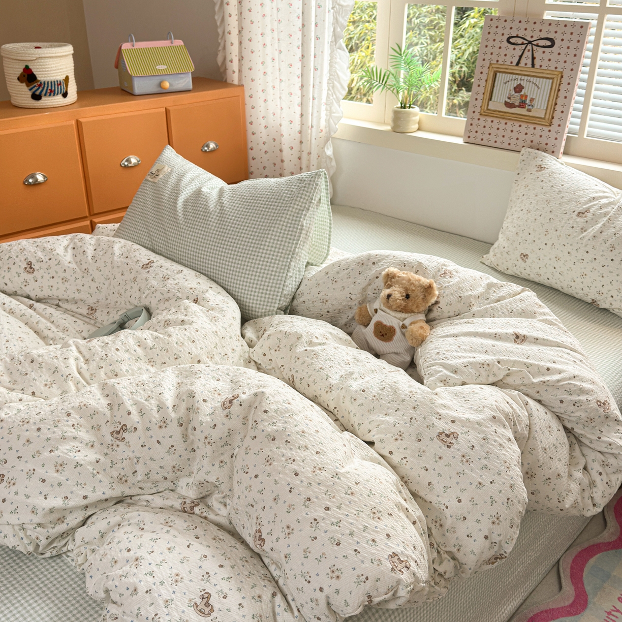 91家纺网 家纺一手货源 找家纺 奈颜 2026新款贴标款A类超柔泡芙纱印花四件套 木马花园