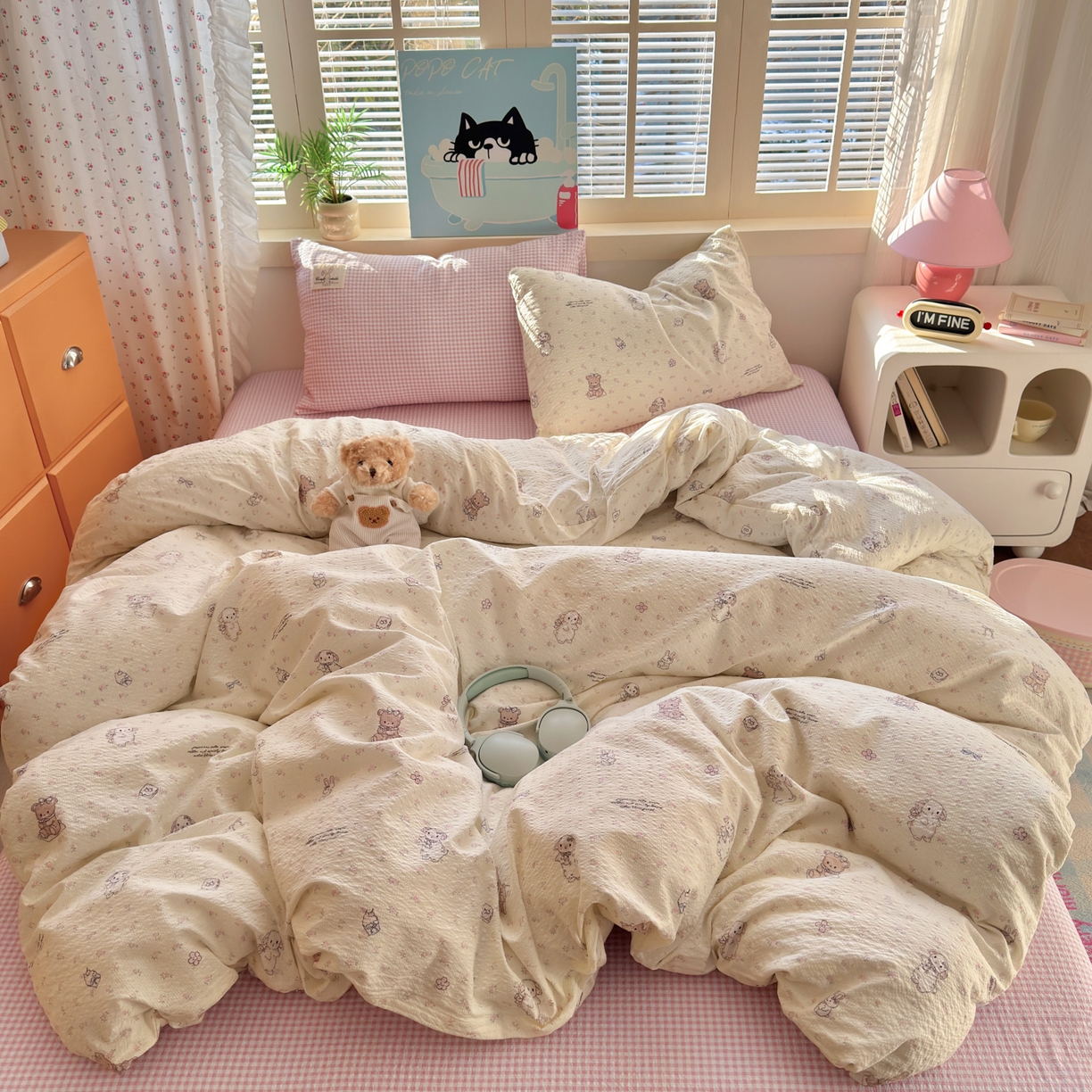 91家纺网 家纺一手货源 找家纺 奈颜 2026新款贴标款A类超柔泡芙纱印花四件套 田园兔