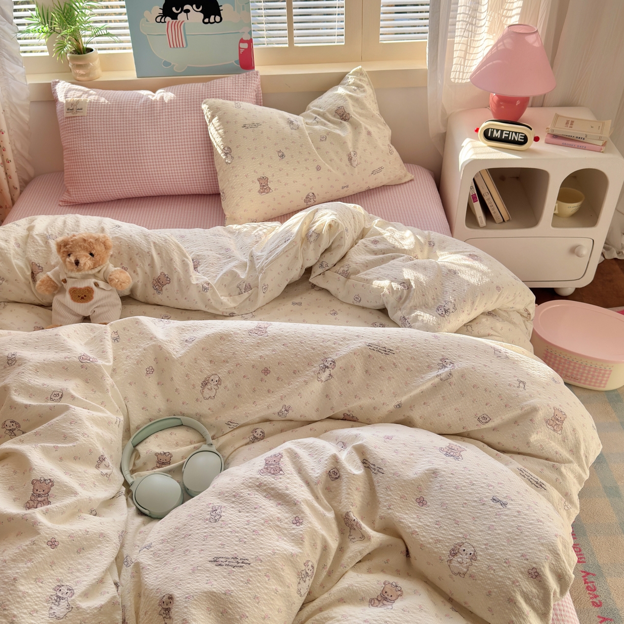 91家纺网 家纺一手货源 找家纺 奈颜 2026新款贴标款A类超柔泡芙纱印花四件套 田园兔