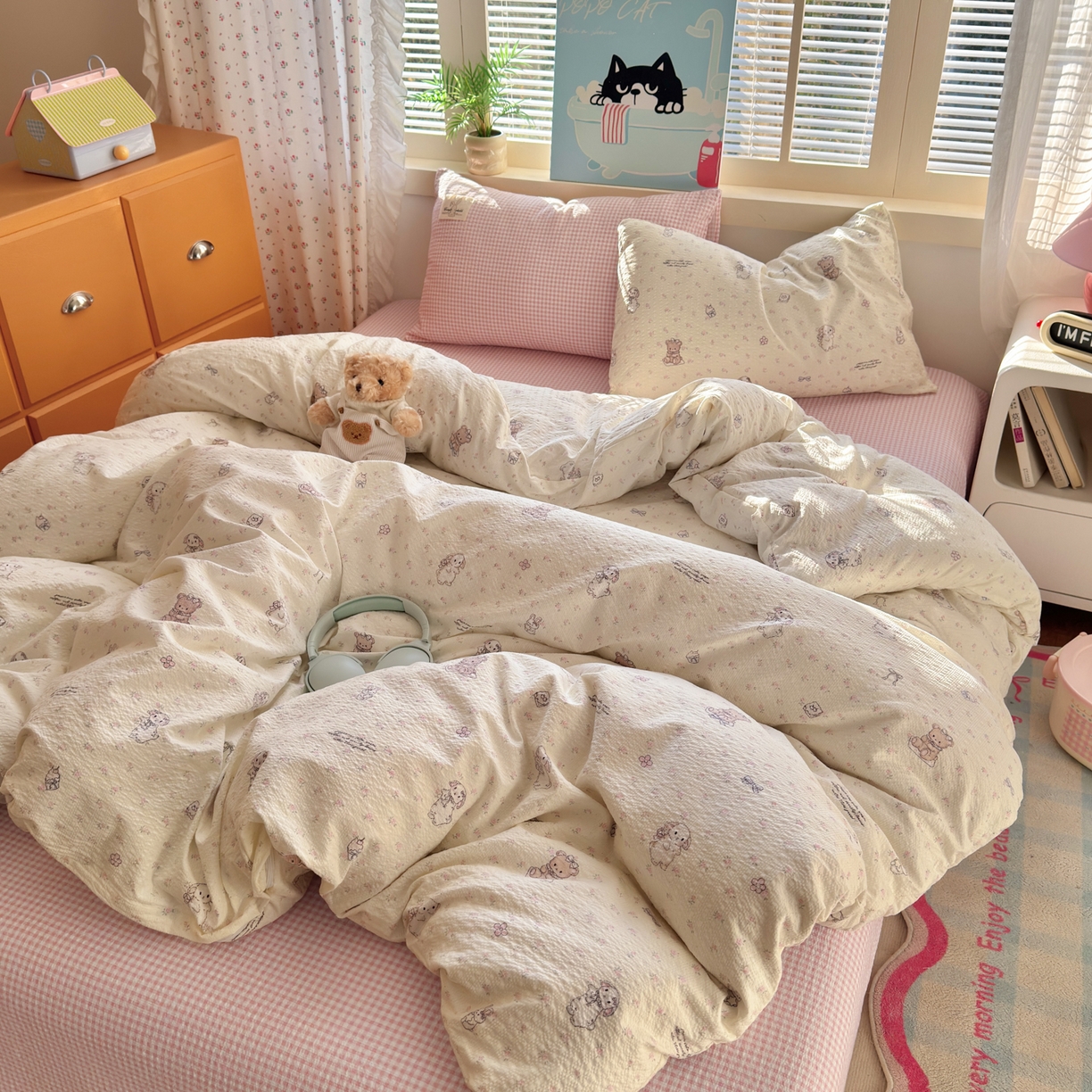 91家纺网 家纺一手货源 找家纺 奈颜 2026新款贴标款A类超柔泡芙纱印花四件套 田园兔