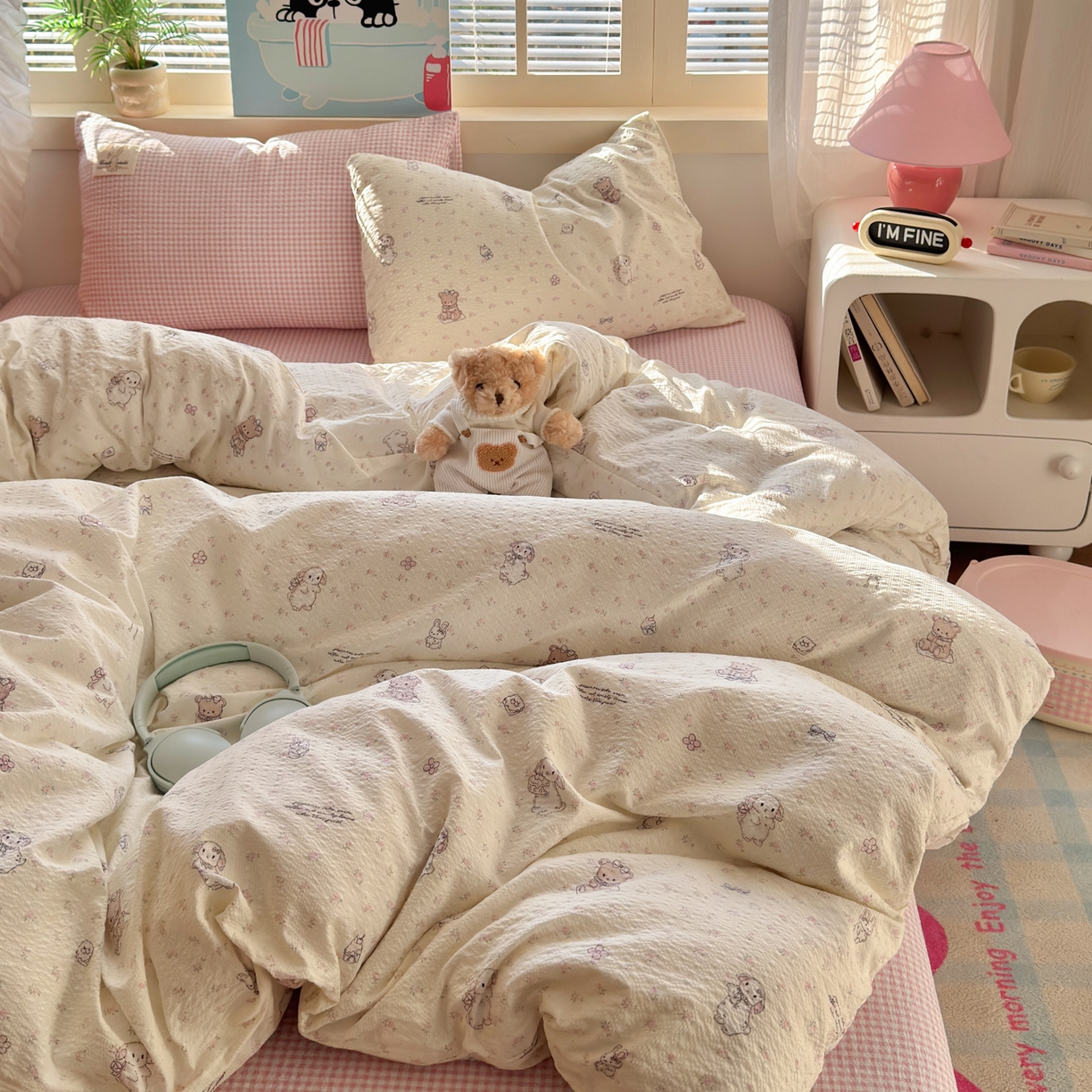 91家纺网 家纺一手货源 找家纺 奈颜 2026新款贴标款A类超柔泡芙纱印花四件套 田园兔