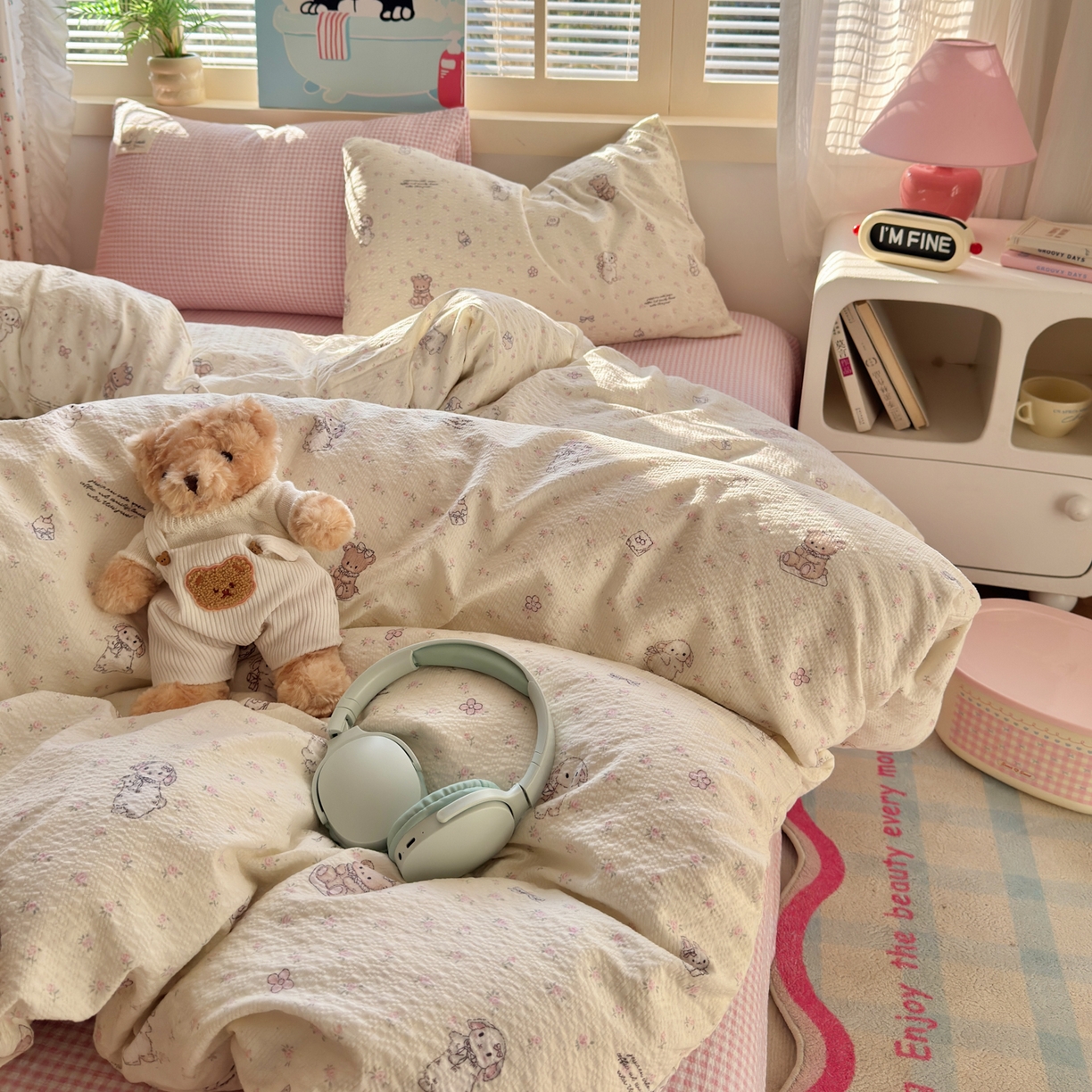 91家纺网 家纺一手货源 找家纺 奈颜 2026新款贴标款A类超柔泡芙纱印花四件套 田园兔