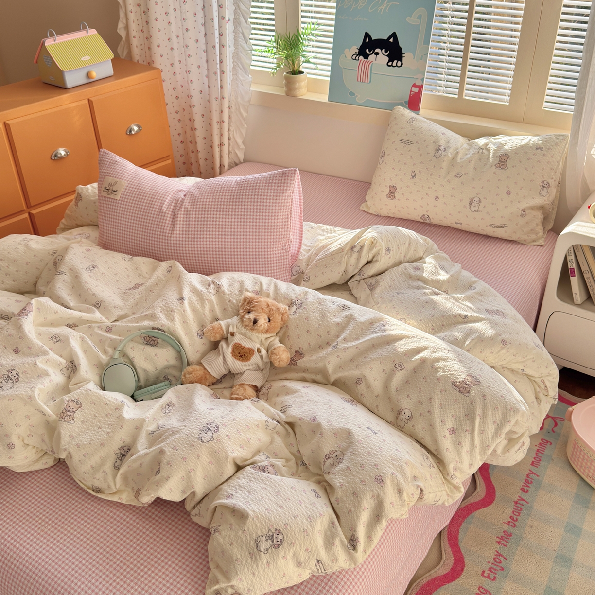 91家纺网 家纺一手货源 找家纺 奈颜 2026新款贴标款A类超柔泡芙纱印花四件套 田园兔