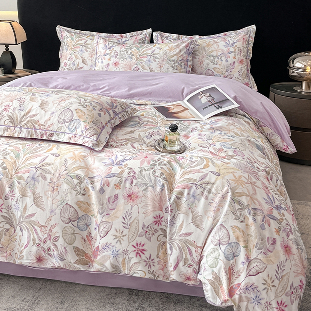 91家纺网 家纺一手货源 找家纺 格里芬家纺 2026新款全棉纯棉40S精梳棉13376印花四件套 晚宁-紫