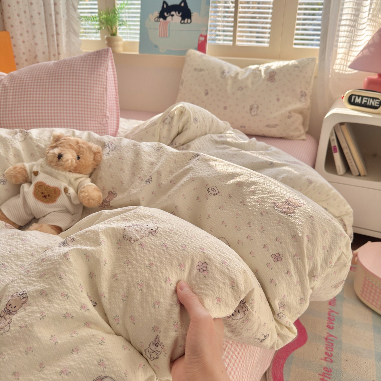 91家纺网 家纺一手货源 找家纺 奈颜 2026新款贴标款A类超柔泡芙纱印花四件套 田园兔