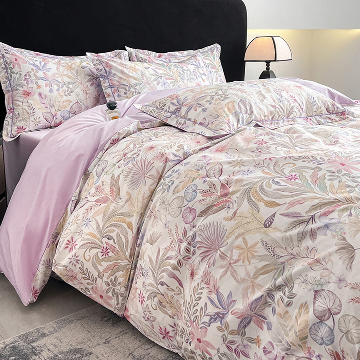 91家纺网 家纺一手货源 找家纺 格里芬家纺 2026新款全棉纯棉40S精梳棉13376印花四件套 晚宁-紫