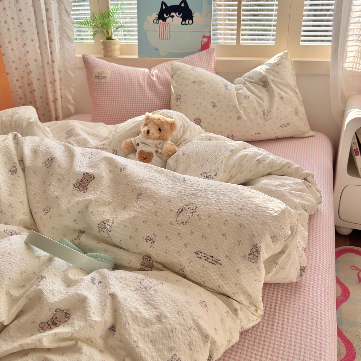 91家纺网 家纺一手货源 找家纺 奈颜 2026新款贴标款A类超柔泡芙纱印花四件套 田园兔