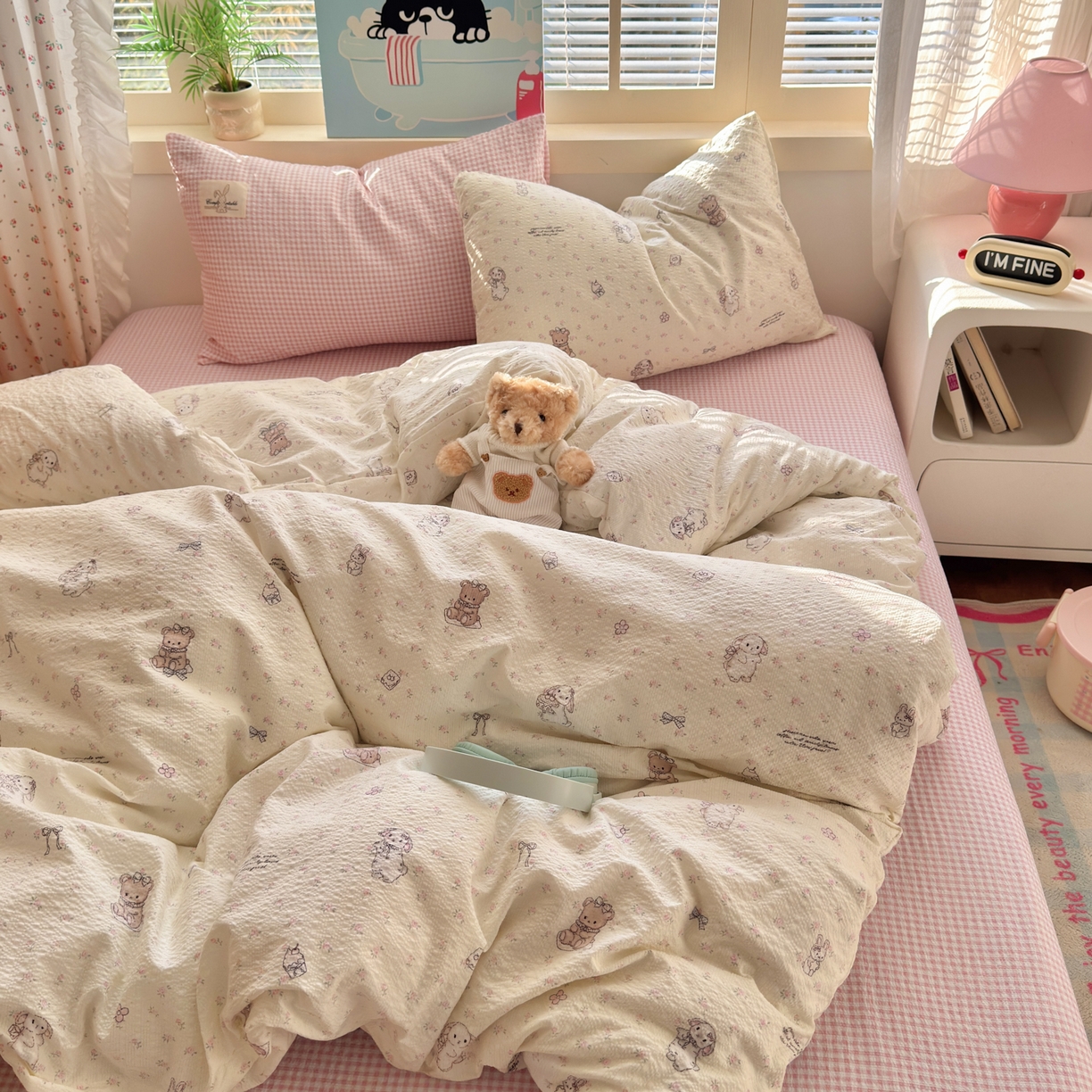 91家纺网 家纺一手货源 找家纺 奈颜 2026新款贴标款A类超柔泡芙纱印花四件套 田园兔