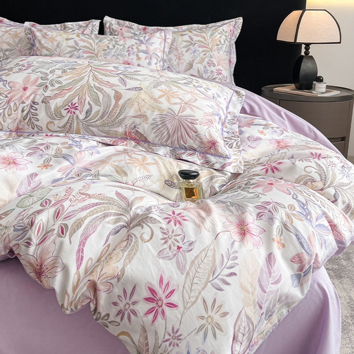 91家纺网 家纺一手货源 找家纺 格里芬家纺 2026新款全棉纯棉40S精梳棉13376印花四件套 晚宁-紫