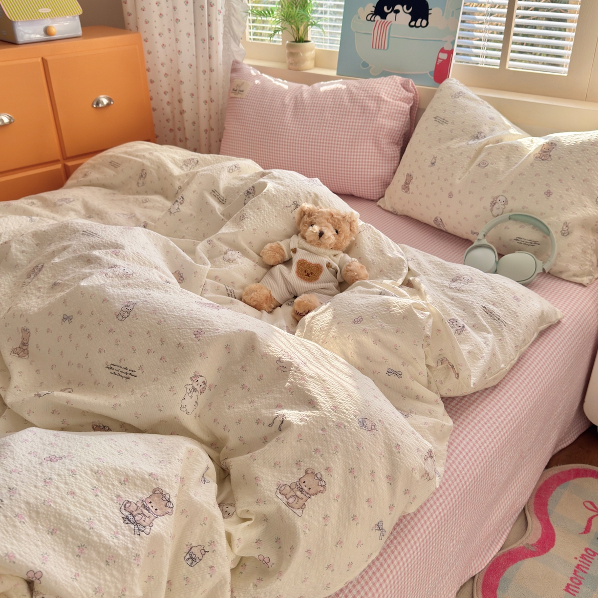 91家纺网 家纺一手货源 找家纺 奈颜 2026新款贴标款A类超柔泡芙纱印花四件套 田园兔