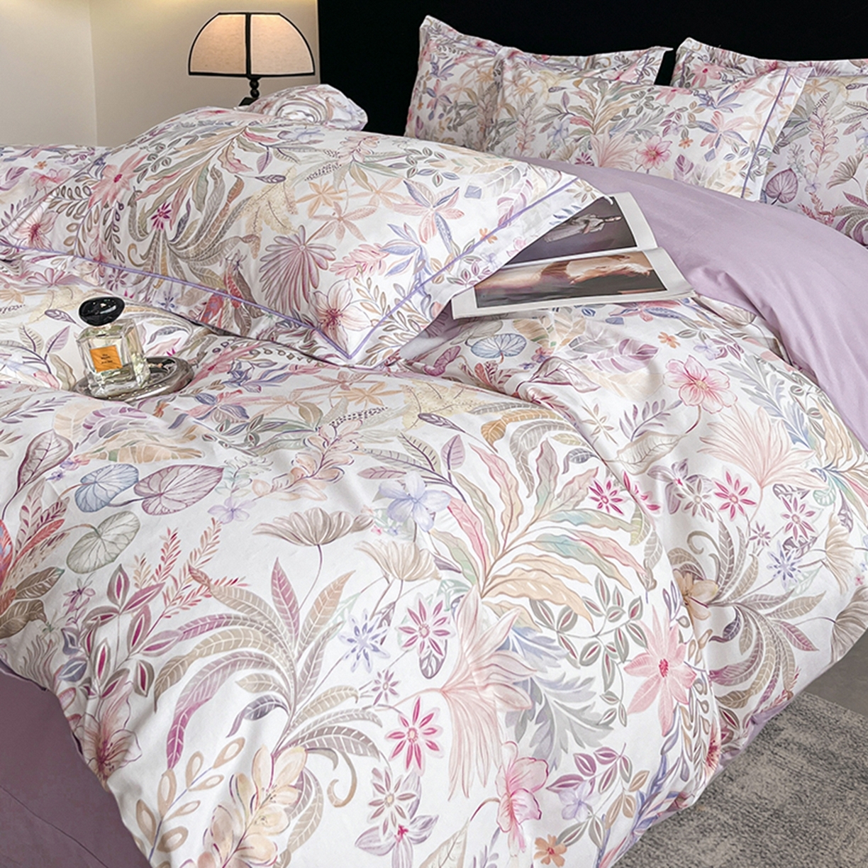 91家纺网 家纺一手货源 找家纺 格里芬家纺 2026新款全棉纯棉40S精梳棉13376印花四件套 晚宁-紫