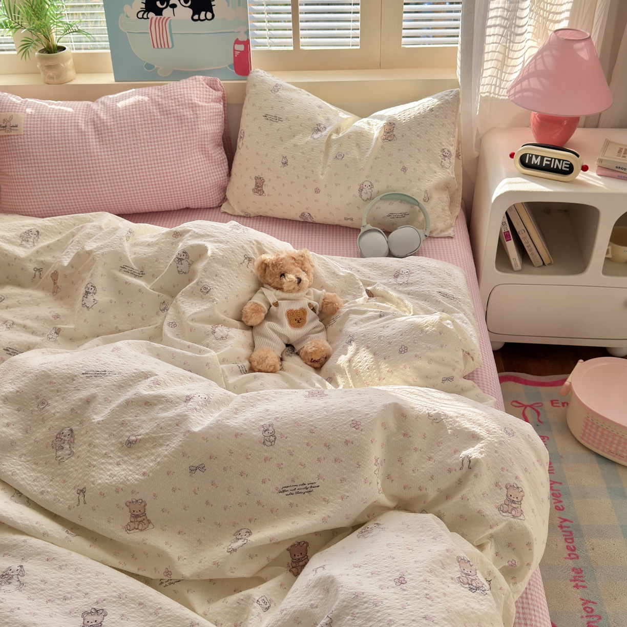 91家纺网 家纺一手货源 找家纺 奈颜 2026新款贴标款A类超柔泡芙纱印花四件套 田园兔