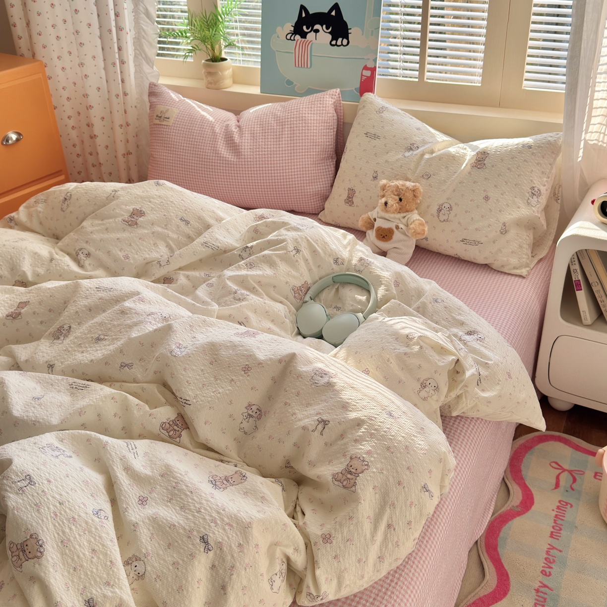 91家纺网 家纺一手货源 找家纺 奈颜 2026新款贴标款A类超柔泡芙纱印花四件套 田园兔