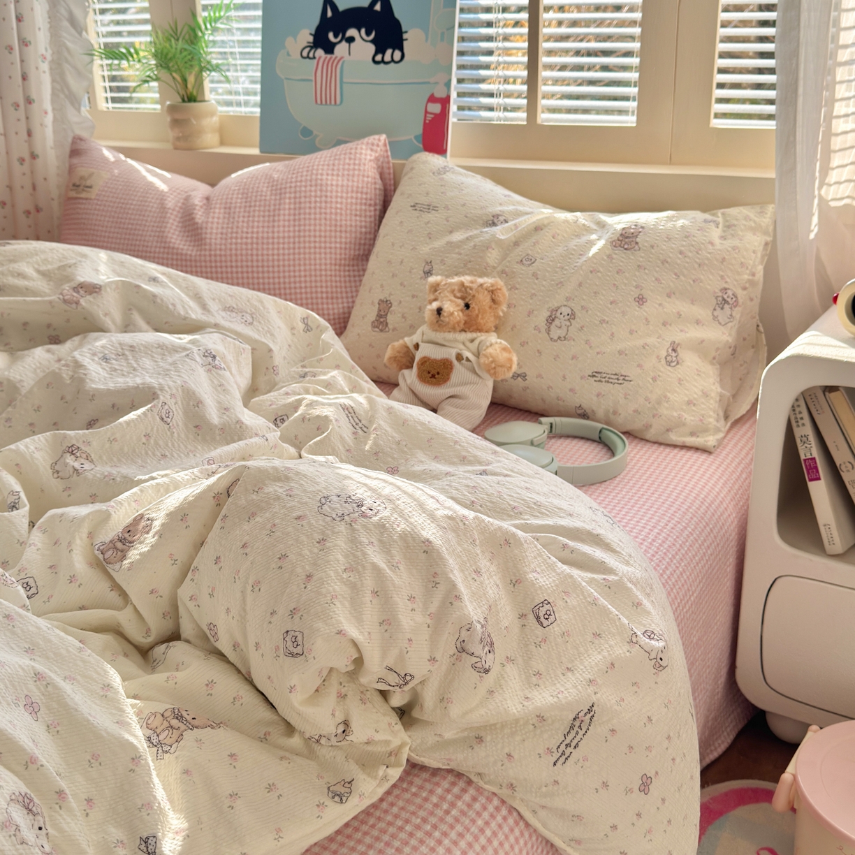 91家纺网 家纺一手货源 找家纺 奈颜 2026新款贴标款A类超柔泡芙纱印花四件套 田园兔