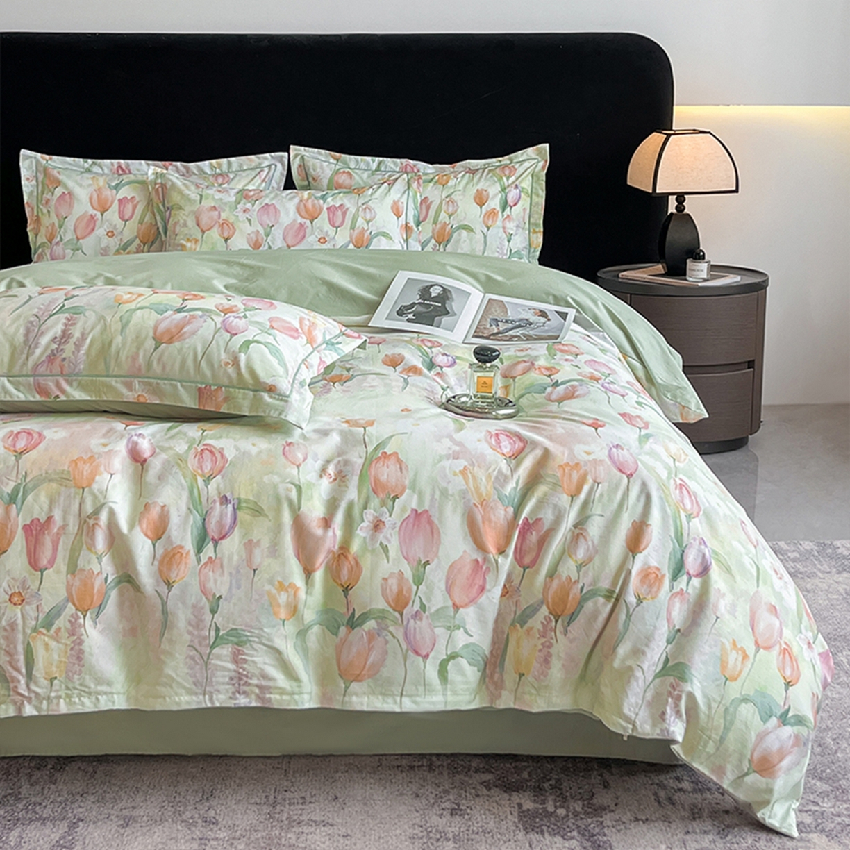 91家纺网 家纺一手货源 找家纺 格里芬家纺 2026新款全棉纯棉40S精梳棉13376印花四件套 野圃寻芳-绿