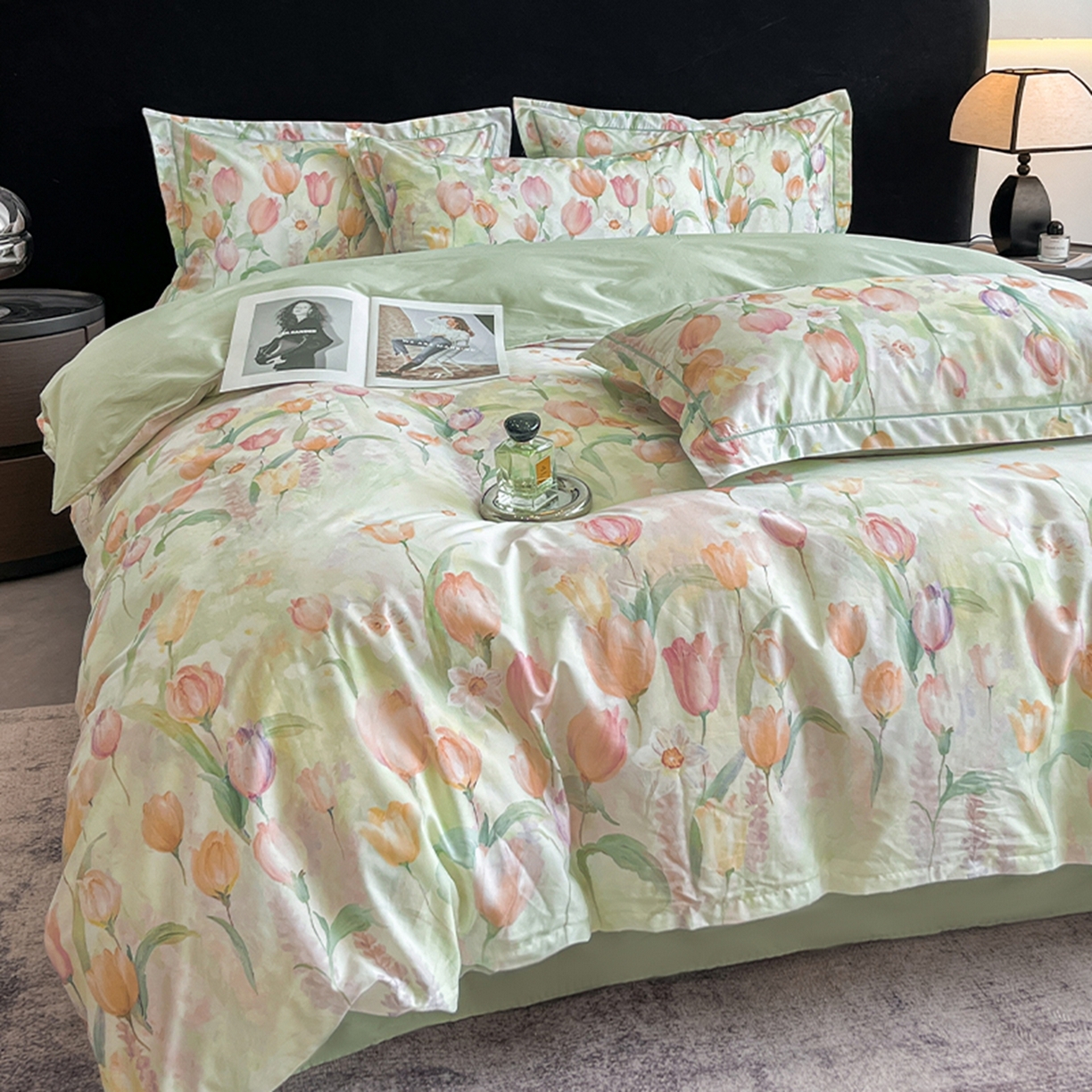 91家纺网 家纺一手货源 找家纺 格里芬家纺 2026新款全棉纯棉40S精梳棉13376印花四件套 野圃寻芳-绿