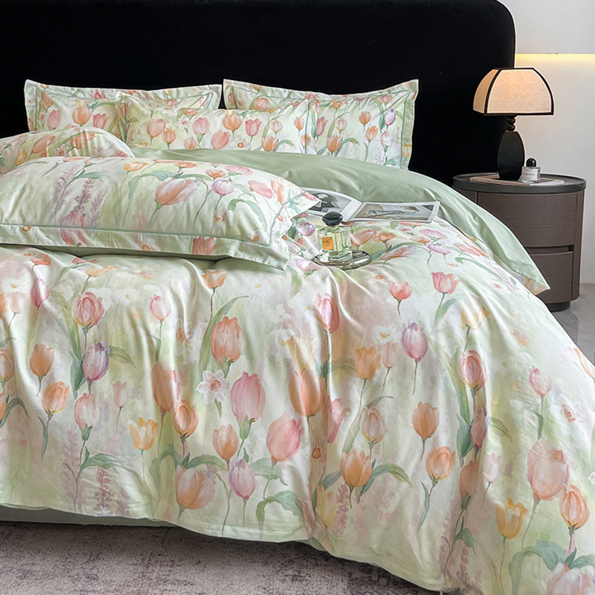 91家纺网 家纺一手货源 找家纺 格里芬家纺 2026新款全棉纯棉40S精梳棉13376印花四件套 野圃寻芳-绿