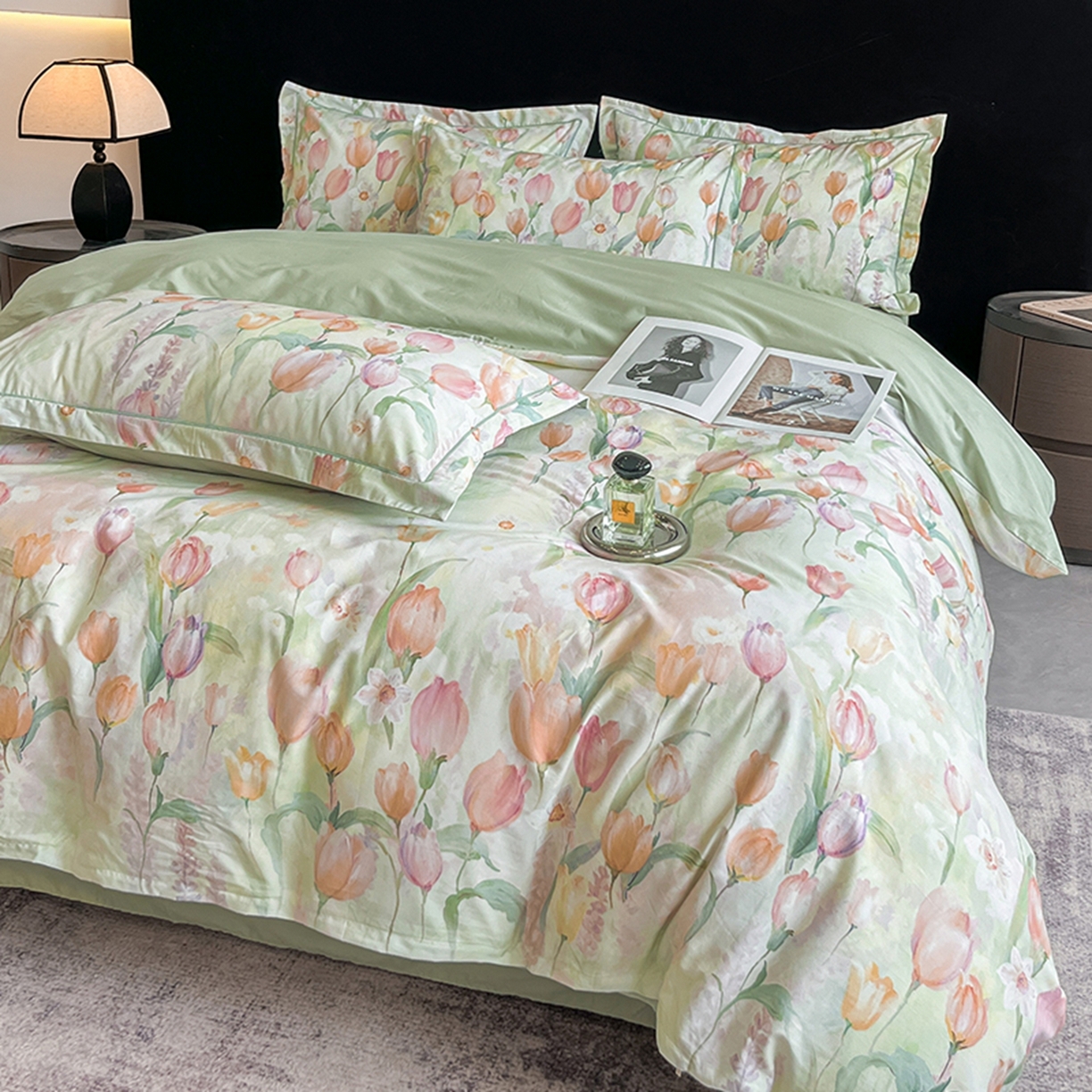 91家纺网 家纺一手货源 找家纺 格里芬家纺 2026新款全棉纯棉40S精梳棉13376印花四件套 野圃寻芳-绿