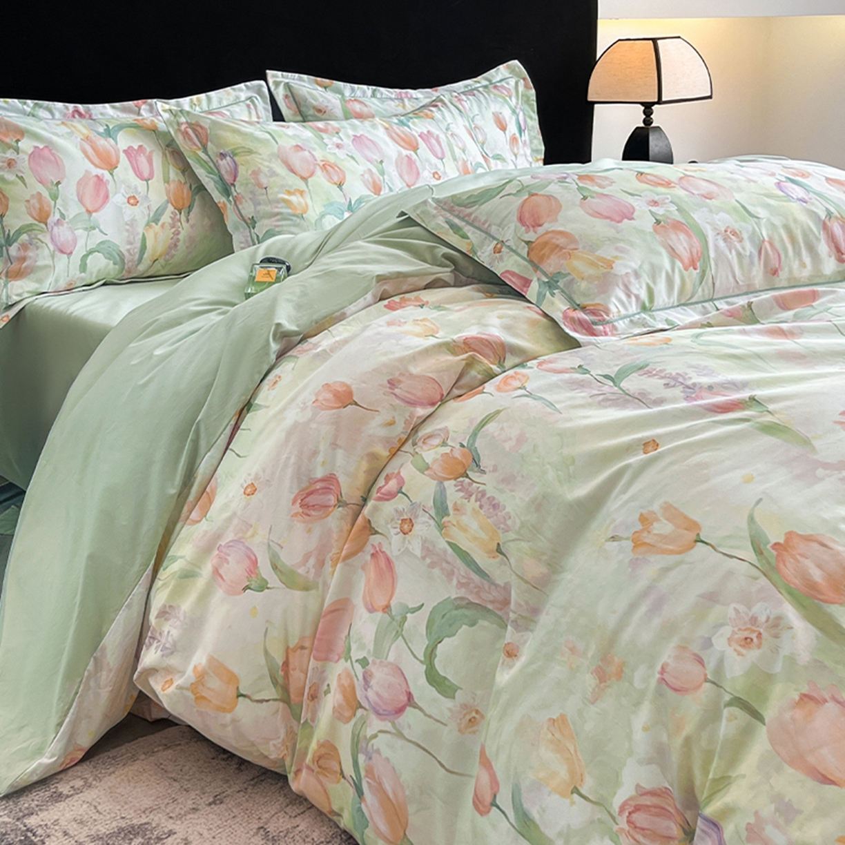 91家纺网 家纺一手货源 找家纺 格里芬家纺 2026新款全棉纯棉40S精梳棉13376印花四件套 野圃寻芳-绿