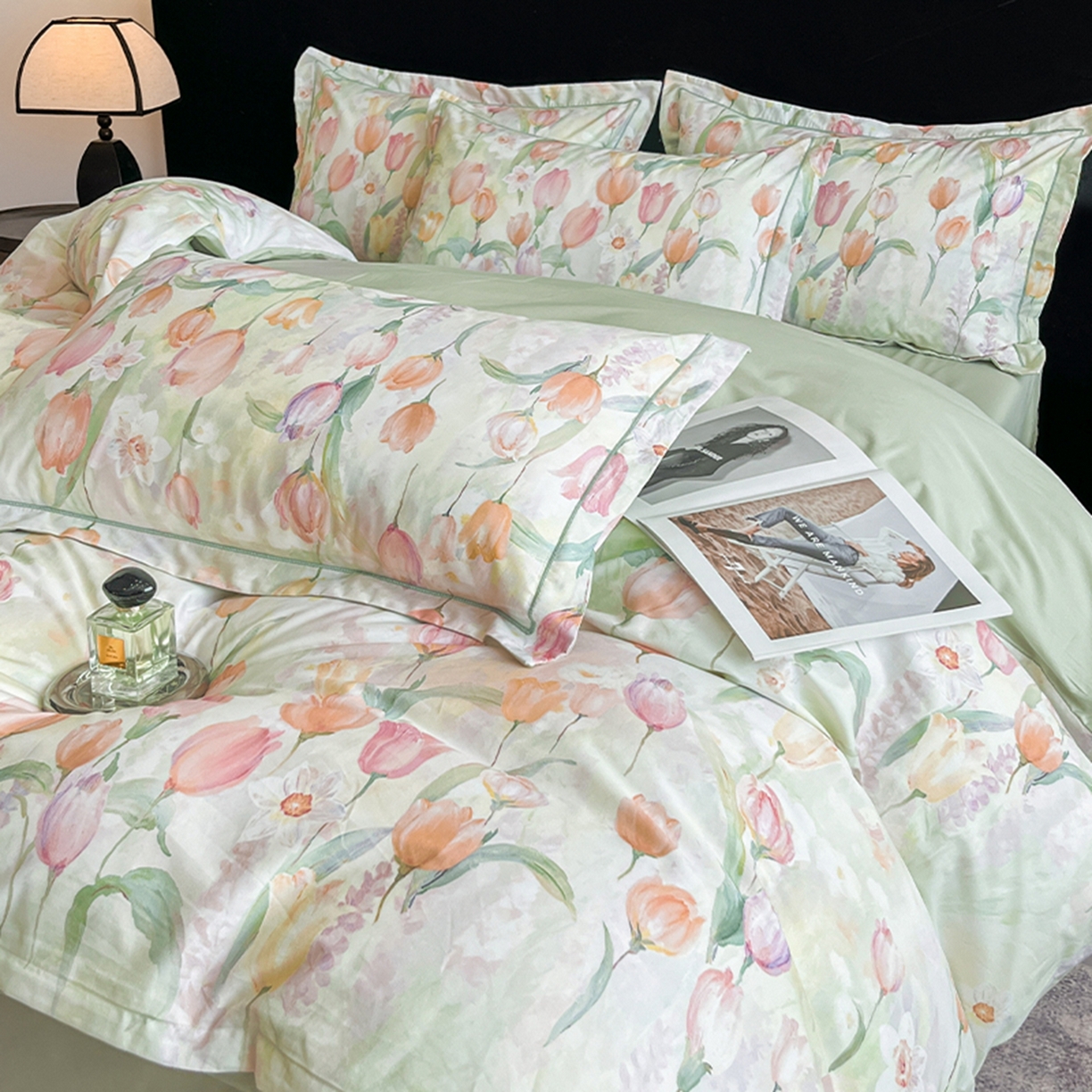 91家纺网 家纺一手货源 找家纺 格里芬家纺 2026新款全棉纯棉40S精梳棉13376印花四件套 野圃寻芳-绿