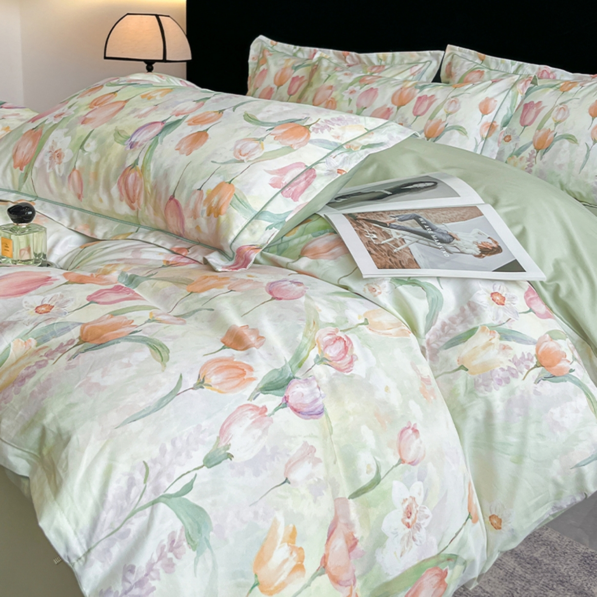 91家纺网 家纺一手货源 找家纺 格里芬家纺 2026新款全棉纯棉40S精梳棉13376印花四件套 野圃寻芳-绿