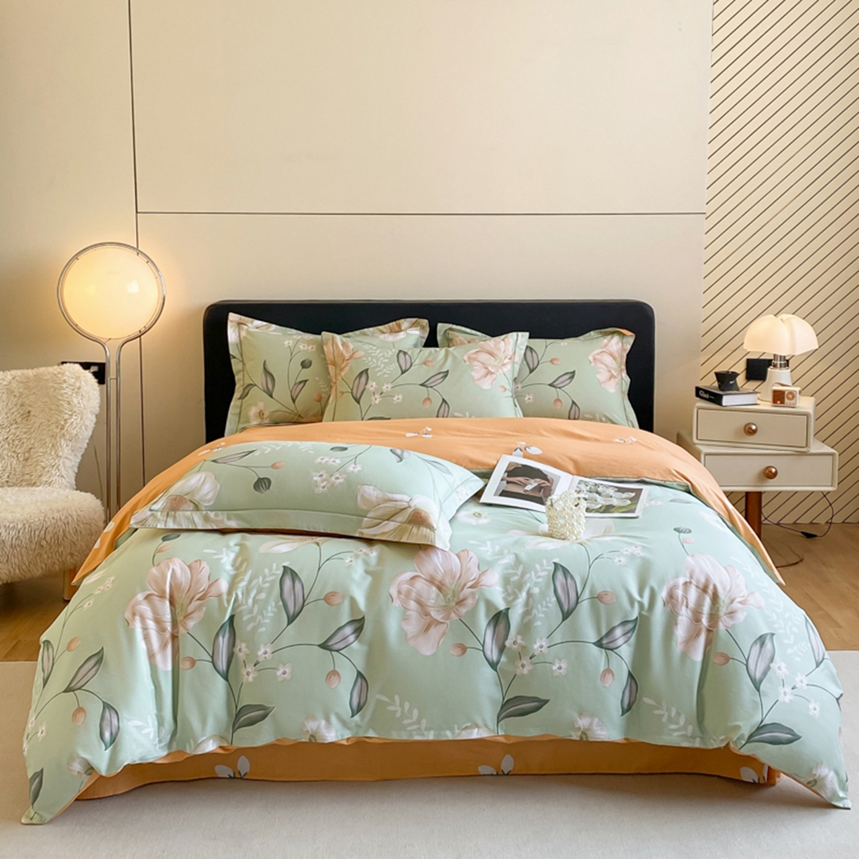 91家纺网 家纺一手货源 找家纺 格里芬家纺 2026新款全棉纯棉40S精梳棉13376印花四件套 叶语悠然-绿