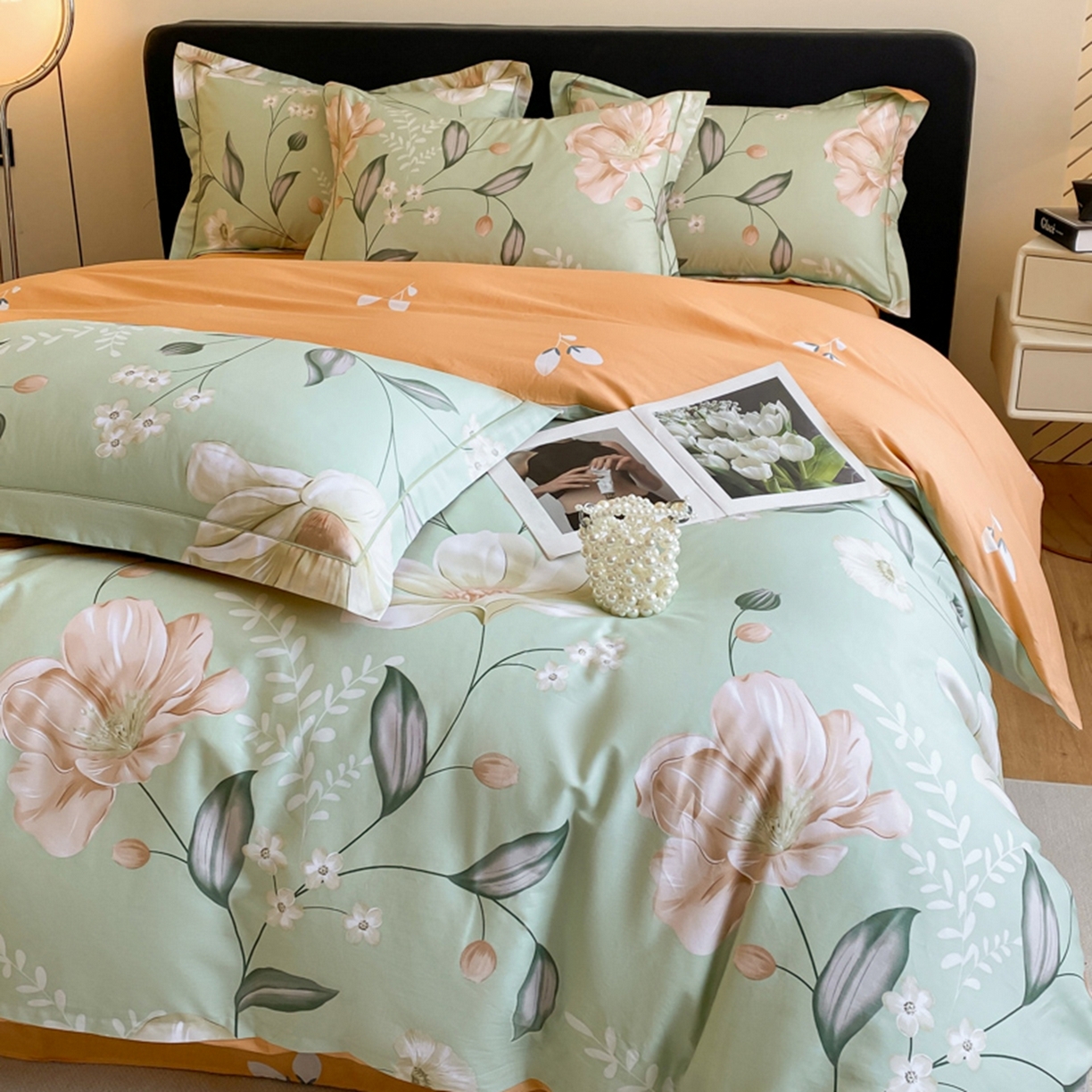 91家纺网 家纺一手货源 找家纺 格里芬家纺 2026新款全棉纯棉40S精梳棉13376印花四件套 叶语悠然-绿