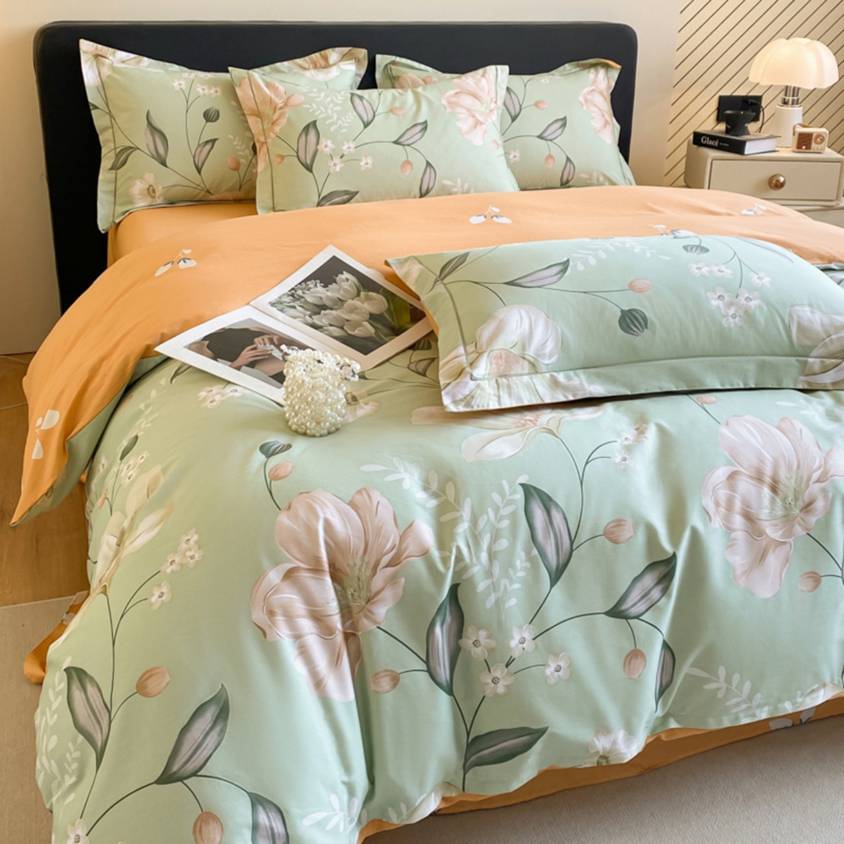 91家纺网 家纺一手货源 找家纺 格里芬家纺 2026新款全棉纯棉40S精梳棉13376印花四件套 叶语悠然-绿