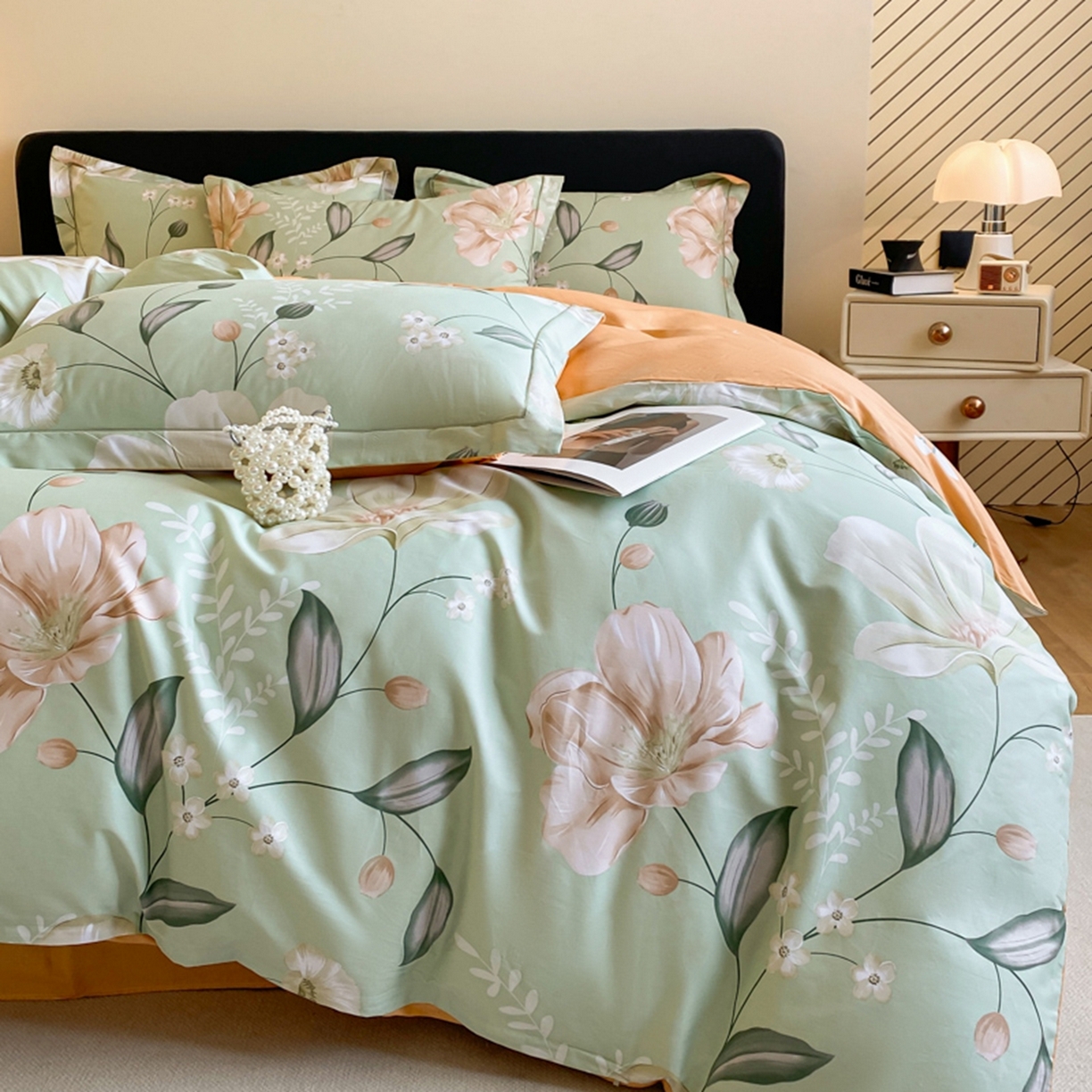 91家纺网 家纺一手货源 找家纺 格里芬家纺 2026新款全棉纯棉40S精梳棉13376印花四件套 叶语悠然-绿