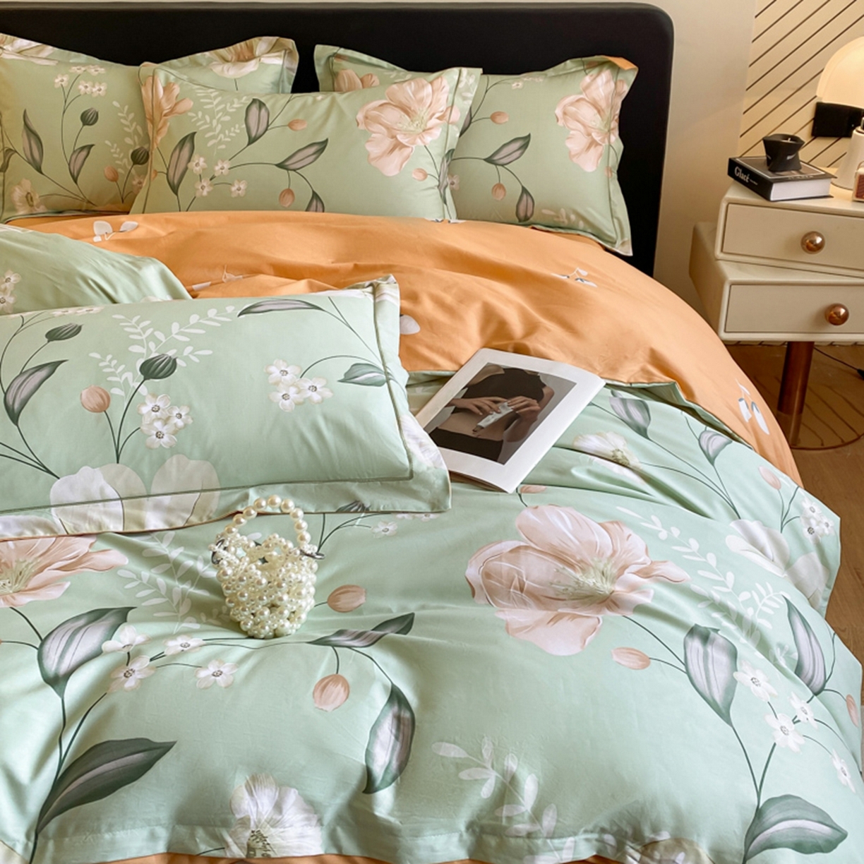 91家纺网 家纺一手货源 找家纺 格里芬家纺 2026新款全棉纯棉40S精梳棉13376印花四件套 叶语悠然-绿