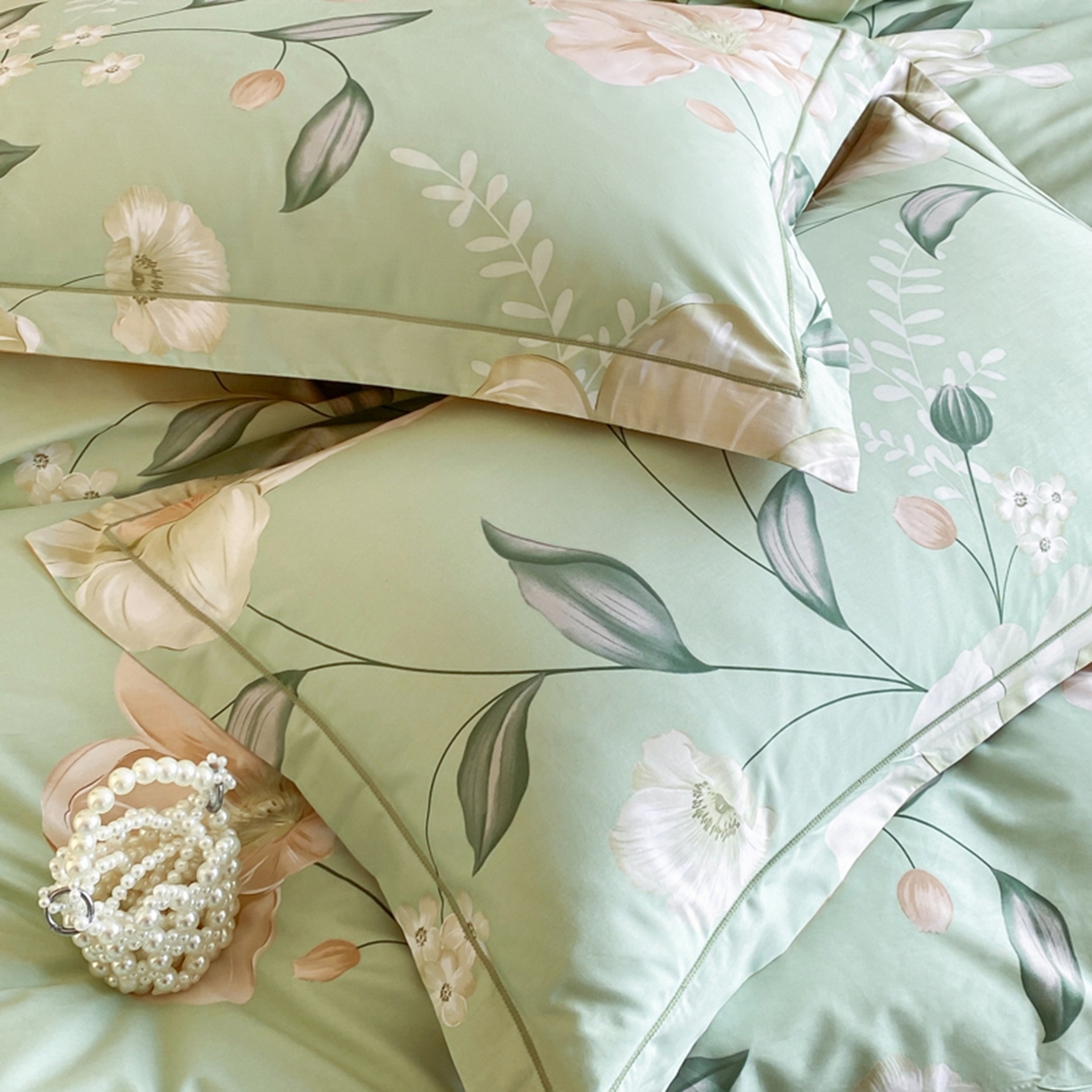 91家纺网 家纺一手货源 找家纺 格里芬家纺 2026新款全棉纯棉40S精梳棉13376印花四件套 叶语悠然-绿