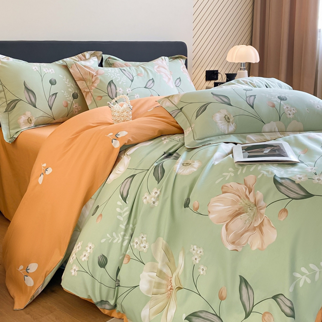 91家纺网 家纺一手货源 找家纺 格里芬家纺 2026新款全棉纯棉40S精梳棉13376印花四件套 叶语悠然-绿