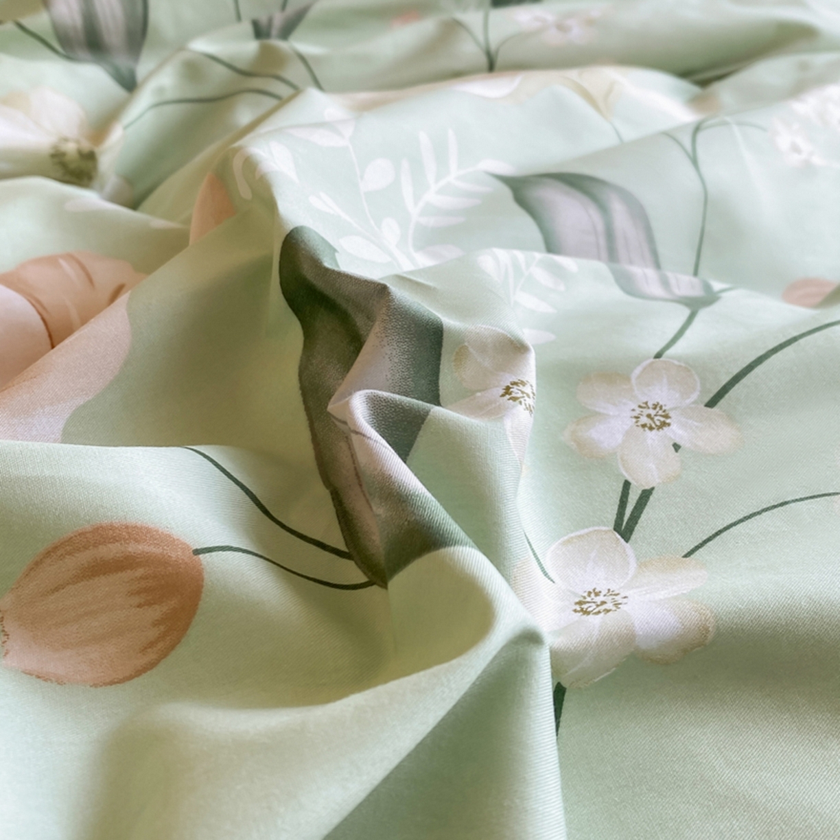 91家纺网 家纺一手货源 找家纺 格里芬家纺 2026新款全棉纯棉40S精梳棉13376印花四件套 叶语悠然-绿